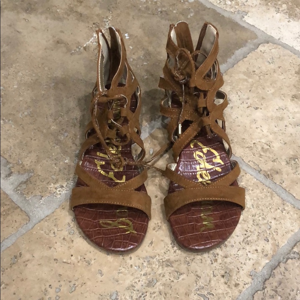 Tan gladiator strapped leather wedge sandals